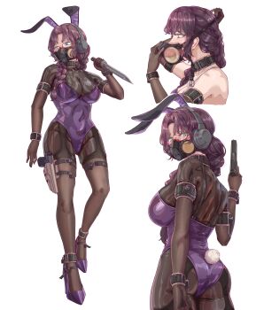 1girl absurdres animal_ear_headphones animal_ears ankle_cuffs arm_cuffs ass black_bodysuit bodysuit bodysuit_under_clothes braid breasts brown_hair collar combat_knife covered_navel cuffs dildo_gag elbow_gloves fake_animal_ears fake_tail gag gag_under_mask garter_straps glasses gloves green_eyes gun handgun headphones high_heels highres holding holding_gun holding_knife holding_weapon holster knife large_breasts latex latex_bodysuit leotard leveen lock looking_at_viewer mask medium_hair original padlock playboy_bunny purple_leotard rabbit_ear_headphones rabbit_ears rabbit_tail respirator reverse_grip see-through_bodysuit see-through_clothes semi-rimless_eyewear shiny_clothes skin_tight solo tail thigh_holster thighhighs under-rim_eyewear weapon white_background x-ray