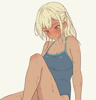 1girl blonde_hair blue_eyes blush breasts competition_school_swimsuit daipunch dark-skinned_female dark_skin embarrassed galzaki-san_(daipunch) highres large_breasts long_hair original school_swimsuit sitting swimsuit wet