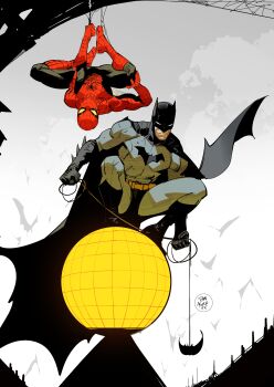 2boys absurdres batarang batman batman_(series) black_boots bodysuit boots commentary crossover dan_mora dc_comics english_commentary frown grey_bodysuit hanging highres holding looking_at_viewer male_focus marvel mask multiple_boys red_bodysuit red_boots rope spider-man spider-man_(series) spider_web_print superhero_costume