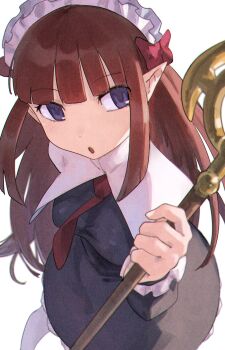 1girl ako_(hoshiya_830) black_dress blue_eyes bob_cut bow brown_hair collar disgaea dress hair_bow highres holding holding_staff long_hair mage_(disgaea) mage_staff maid_headdress makai_senki_disgaea necktie pointy_ears red_bow red_necktie simple_background staff white_background white_collar