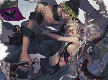 Rule 34 | 1boy, 1girl, absurdres, black hair, black panties, breasts, brother and sister, colored skin, commentary request, daki (kimetsu no yaiba), demon boy, demon girl, facial mark, gradient hair, green eyes, green hair, gyuutarou (kimetsu no yaiba), highres, holding, holding scythe, kimetsu no yaiba, large breasts, multicolored hair, ou syoku7, panties, sash, scythe, sharp teeth, siblings, teeth, underwear, white hair, white skin