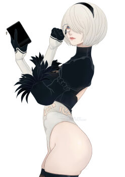 1girl 2b_(nier:automata) aegyo_sal bespectacled black_hairband cellphone closed_mouth commentary eyelashes from_side glasses hairband highres holding holding_phone leotard light_smile mitsuki_nite mole mole_under_mouth nier:automata nier_(series) phone pink_lips puffy_sleeves short_hair simple_background skindentation smartphone solo standing white_background white_hair