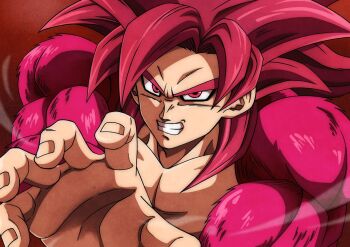 Rule 34 | 1boy, body fur, clenched teeth, commentary request, dragon ball, dragon ball daima, highres, kamehameha (dragon ball), long hair, muscular, muscular male, parted lips, red eyes, red fur, red hair, shuiro art, solo, son goku, spiked hair, super saiyan, super saiyan 4, teeth, upper body