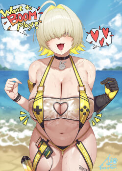 1girl ahoge ass black_choker black_gloves blonde_hair blush breasts choker cleavage clothing_cutout elegg_(boom_and_shock)_(nikke) elegg_(nikke) english_text fangs game_controller_print gloves goddess_of_victory:_nikke gonster hair_intakes hair_over_eyes heart heart_cutout highres large_breasts long_bangs multicolored_hair multiple_views navel ocean official_alternate_costume open_mouth pointing pointing_at_self purple_eyes rabbit_choker rabbit_ornament see-through_slingshot_swimsuit shiny_skin signature smile speech_bubble spoken_heart sweat two-sided_gloves underboob watch wet wristwatch