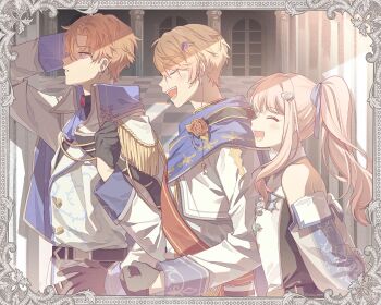 1girl 2boys akii_0915 akiyama_mizuki arms_behind_back black_gloves blue_ribbon blush closed_eyes collared_cape commentary_request detached_sleeves earrings flower gloves hair_ornament high_ponytail highres jewelry kaitou_shinshi_no_harahara!?_white_day_(project_sekai) knight multiple_boys official_alternate_costume official_alternate_hairstyle open_mouth ponytail project_sekai ribbon rose shinonome_akito tenma_tsukasa