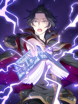 1boy black_hair black_pants blue_eyes book cape commentary_request cyrus_albright floating_clothes floating_hair gem gold_trim green_cape green_shirt holding holding_book lightning long_sleeves looking_ahead low_ponytail magic male_focus octopath_traveler octopath_traveler_i open_mouth pants parted_bangs ponytail purple_background purple_gemstone red_cape shikimiorange shirt short_ponytail solo teeth two-sided_cape two-sided_fabric upper_body upper_teeth_only