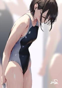 3girls black_hair blurry blurry_background breasts commentary_request competition_swimsuit jonsun misaki_(jonsun) multiple_girls one-piece_swimsuit original short_hair small_breasts swimsuit wet