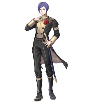 Rule 34 | 1boy, brooch, diagonal bangs, fire emblem, fire emblem: three houses, fire emblem heroes, flower, flower brooch, garreg mach monastery uniform, highres, jewelry, looking at viewer, lorenz hellman gloucester, male focus, nintendo, non-web source, purple eyes, purple hair, red flower, red rose, rose, smile, solo, tachi-e