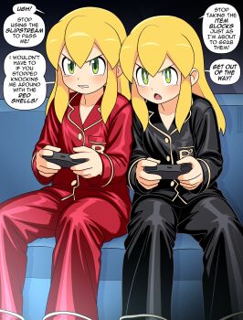 2girls absurdres black_pants black_shirt blonde_hair clone controller green_eyes highres long_hair mario_(series) mario_kart mario_kart_world mega_man_(classic) mega_man_(series) multiple_girls nico-neko nintendo pants red_pants red_shirt roll_(mega_man) shirt sitting
