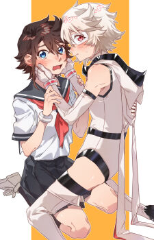 2girls bare_shoulders black_hair blue_eyes chinese_commentary commentary dual_persona hand_on_another&#039;s_cheek hand_on_another&#039;s_face heart-shift_bracelets highres hood hood_down jiguang_haibao leotard looking_at_viewer messy_hair momijiyama_teru multiple_girls red_eyes round_eyewear school_uniform serafuku shy_(character) shy_(series) sweat sweatdrop unworn_eyewear white_hair yuri