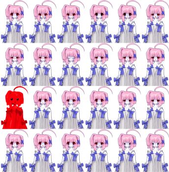 1girl ahoge asymmetrical_hair blood blood_on_face bloody_tears blush bow colored_sclera colored_skin detached_sleeves dress hair_ornament heartlovepowertemple highres huge_ahoge large_variant_set non-web_source official_art open_mouth pink_hair rabbitmaiden_softworks red_eyes red_sclera rgb_paw ribbon short_hair smile sprite_sheet teja transparent_background variant_set white_skin x_hair_ornament yogurt200