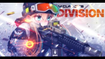Rule 34 | 1girl, absurdres, aiming, assault rifle, beanie, black hat, blonde hair, blue eyes, blush, clenched teeth, commentary request, copyright name, foregrip, freckles, goggles, goggles on headwear, gun, hair behind ear, hat, highres, holding, holding gun, holding weapon, iwasawayuki, jacket, lens flare, letterboxed, looking ahead, m4 carbine, military, nose blush, parted lips, rifle, shadow, shell casing, solo, sweatdrop, teeth, tom clancy's the division, upper body, weapon, white jacket