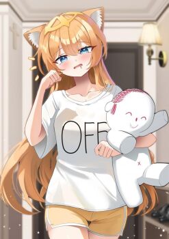 1girl alternate_costume animal_ear_fluff animal_ears blue_archive blue_eyes cat_ears character_doll clothes_writing cowboy_shot doll dolphin_shorts doodle_sensei_(blue_archive) erum_4066 halo highres holding holding_stuffed_toy hugging_object indoors korean_commentary long_hair looking_at_viewer mari_(blue_archive) orange_hair sensei_(blue_archive) shirt short_sleeves shorts solo stuffed_animal stuffed_toy white_shirt yellow_halo yellow_shorts