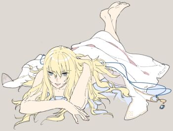 1boy arm_up barefoot bishounen blonde_hair blue_eyes cape crossed_ankles fate/grand_order fate_(series) feet_up full_body gold_trim grey_background hair_between_eyes hand_in_own_hair kirschtaria_wodime long_hair looking_at_viewer lying m-tobiei male_focus nude on_stomach parted_lips simple_background smile solo the_pose unworn_cape white_cape