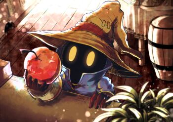 Rule 34 | 1boy, apple, barrel, black mage (final fantasy), blue coat, blurry, blurry foreground, brown gloves, coat, counter, final fantasy, final fantasy ix, food, fruit, gloves, glowing, glowing eyes, hat, highres, holding, holding food, holding fruit, looking at viewer, male focus, plant, solo, vivi ornitier, watawata22, wizard hat, wooden floor, yellow eyes