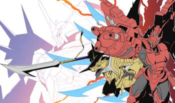 armor ayu_(ddestiny944) blitzgreymon cresgarurumon crystal_sword digimon digimon_(creature) dinosaur_boy floating floating_object floating_sword floating_weapon furry gold_armor gold_helmet grey_hair highres holding holding_pole holding_polearm holding_weapon lizard omegamon_alter-s pole polearm red_eyes red_nose sharp_teeth short_hair shoulder_spikes spikes sword teeth weapon wolf yellow_eyes