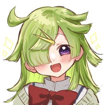 1girl aki_mabayu blunt_bangs blush bow bowtie cardigan collared_shirt dot_nose eyes_visible_through_hair green_cardigan green_hair hair_ornament hair_over_one_eye hairclip happy highres long_hair magia_record:_mahou_shoujo_madoka_magica_gaiden mahou_shoujo_madoka_magica messy_hair mitakihara_school_uniform mu0_0gi open_mouth purple_eyes red_bow red_bowtie school_uniform shirt simple_background smile solo sparkle tareme upper_body white_background white_shirt