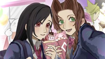 04on0t 2boys 2girls aerith_gainsborough alternate_costume balloon black_hair braid brown_hair cait_sith_(final_fantasy) cloud_strife crown drinking drinking_straw drinking_straw_in_mouth eyelashes final_fantasy final_fantasy_vii food green_eyes hair_ribbon happy highres holding holding_ice_cream_cone ice_cream ice_cream_cone mog multiple_boys multiple_girls open_mouth red_eyes ribbon school_uniform selfie smile tifa_lockhart zack_fair