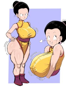 1girl absurdres ass black_hair breasts chi-chi_(dragon_ball) earrings female_focus hair_bun highres huge_breasts jewelry large_breasts long_hair looking_at_viewer mature_female nipples piercing pseudocel serious simple_background smile solo solo_focus