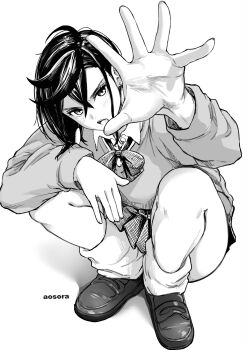 1girl aosora2823 artist_name ayase_momo breasts collared_shirt crossed_bangs dandadan earrings full_body furrowed_brow greyscale hair_between_eyes highres jewelry light_blush loafers looking_at_viewer loose_socks medium_breasts medium_hair monochrome open_mouth outstretched_hand pleated_skirt school_uniform shirt shirt_under_sweater shoes skirt socks solo squatting sweater white_background white_shirt white_socks
