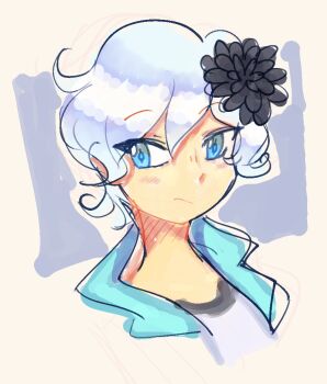 1girl aqua_eyes black_flower closed_mouth commentary english_commentary eyelashes flower hair_flower hair_ornament kyokugen_dasshutsu kyokugen_dasshutsu_adv:_zennin_shibou_desu luckyclover333 phi_(kyokugen_dasshutsu) portrait short_hair simple_background solo very_short_hair white_background white_hair