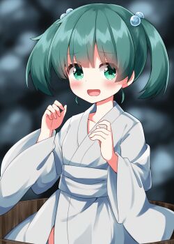 1girl :d blunt_bangs blurry blurry_background blush bucket collarbone commentary_request cowboy_shot green_eyes green_hair hair_bobbles hair_ornament hands_up highres in_bucket in_container japanese_clothes kimono kisume long_sleeves looking_at_viewer open_mouth ruu_(tksymkw) short_hair smile solo touhou two_side_up white_kimono wide_sleeves