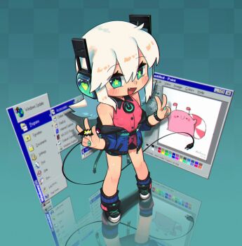 1girl :d absurdres armpit_crease bare_shoulders black_shoes black_shorts black_socks blue_jacket blush buttons checkered_background collared_shirt commentary digitan_(porforever) double-parted_bangs double_v fang full_body green_background green_nails hair_between_eyes hands_up headphones highres jacket long_hair long_sleeves looking_at_viewer microsoft_paint_(software) microsoft_windows nail_polish off_shoulder open_clothes open_jacket open_mouth original porforever red_shirt reflective_floor shirt shoes shorts sleeveless sleeveless_shirt smile sneakers socks solo standing star-shaped_pupils star_(symbol) start_menu striped_clothes striped_socks symbol-shaped_pupils v white_hair windows_classic