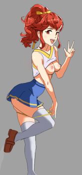 1girl anna_(fire_emblem) ass breasts breasts_out butt_crack cheerleader clothes_lift fire_emblem looking_at_viewer medium_breasts nintendo nipples panties panty_pull ponytail red_eyes red_hair shirt_lift simple_background skirt solo sunbeam_(artist) thighhighs underwear v victory_pose
