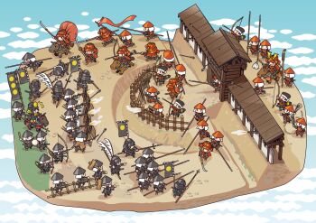 Rule 34 | 6+boys, aka-kabuto no gema, antique firearm, architecture, armor, arrow (projectile), banner, battle, battle standard, black armor, defensive wall, drum, drumming, east asian architecture, fence, firearm, firelock, from above, gun, hat, helmet, highres, holding, holding banner, holding weapon, horse, instrument, japanese armor, jingasa, kabuto (helmet), mallet, matchlock, multiple boys, naginata, original, palisade, polearm, red armor, shield, shoulder armor, simple background, slingshot (weapon), sode, soldier, spear, suneate, too many, trench, war banner, weapon, yari