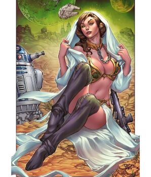 1girl astromech_droid black_footwear boots breasts brown_eyes brown_hair chain chain_leash cleavage collar gun hooded_robe huttslayer_leia knee_boots large_breasts leash looking_at_viewer metal_bikini metal_collar millennium_falcon navel open_clothes open_robe paolo_pantalena pillarboxed princess_leia r2-d2 robe sitting star_wars weapon white_robe