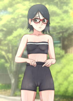 1girl absurdres bike_shorts black_eyes black_hair blush boruto:_naruto_next_generations breasts glasses highres naruto_(series) noxdsa short_hair solo sweat uchiha_sarada