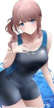 1girl black_swimsuit blue_eyes blush breasts brown_hair closed_mouth collarbone competition_swimsuit hand_on_own_chest highres kunizaki large_breasts long_hair looking_at_viewer mochizuki_honami one-piece_swimsuit pool project_sekai side_ponytail sidelocks sleeveless solo swimsuit wading water wet
