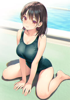 1girl barefoot black_hair black_one-piece_swimsuit breasts brown_eyes collarbone commentary_request koutaro large_breasts long_hair looking_at_viewer one-piece_swimsuit original outdoors poolside shadow sitting smile solo swimsuit thighs water