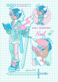 1boy angel_wings blue_hair book chibi collared_shirt commentary_request dark-skinned_male dark_skin english_text fingerless_gloves fire formal_clothes gloves green_background green_eyes green_gloves green_suit grid_background halo head_wings health_bar highres hiro046k holding holding_book long_sleeves male_focus multicolored_hair multiple_views necktie open_book original pink_hair pink_necktie pink_suit shirt shoes split-color_hair suit sword twitter_username upper_body weapon white_shirt wings