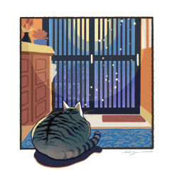 Rule 34 | animal, animal focus, border, cat, door, doormat, facing away, flower, full body, full moon, highres, itou shizu, light particles, moon, night, no humans, original, plant, potted plant, signature, solo, tabby cat, white border