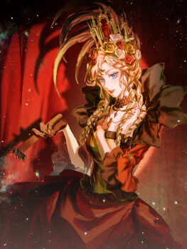 1girl bead_necklace beads black_choker black_gloves blonde_hair blue_eyes braid choker cowboy_shot crown curtains dress echoed_dreams_(infinity_nikki) flower frilled_sleeves frills gloves gold_crown gown hair_flower hair_ornament hair_over_shoulder hand_on_own_chest highres holding holding_paintbrush indoors infinity_nikki jewelry lace lace_choker light_particles lipstick long_dress long_hair long_sleeves looking_at_viewer makeup makino_gengetsu necklace nikki_(series) official_alternate_color open_mouth paintbrush red_dress red_flower red_lips red_rose ringlets rose shadow single_braid smile solo square_neckline victorian white_flower white_rose yellow_flower yellow_rose