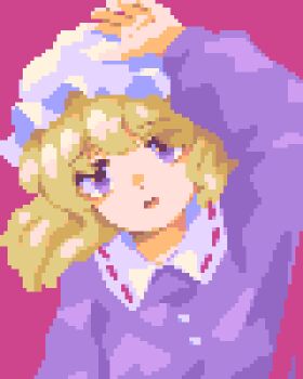 1girl blonde_hair buttons collared_dress commentary_request dress eyes_visible_through_hair hand_on_headwear hat head_tilt maribel_hearn mob_cap open_mouth pink_background pixel_art purple_dress purple_eyes ribbon-trimmed_collar ribbon_trim simple_background touhou upper_body wasabisuke white_hat
