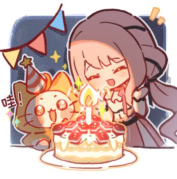 1girl ^_^ animal belt birthday birthday_cake black_belt black_bow black_ribbon blue_background blush_stickers border bow bow_choker bowtie bra_strap brown_eyes cake candle cat cherilynorz chibi chinese_commentary chinese_text choker cloak closed_eyes clothed_animal commentary_request ear_covers fire food frilled_shirt frills garland_(decoration) grey_outline hair_bow hair_ribbon hands_up happy hat hat_ornament hood hood_up hooded_cloak infinity_nikki layered_skirt light_blush long_hair long_sidelocks long_sleeves low_twintails miniskirt momo_(nikki) motion_lines nikki_(nikki) nikki_(series) notice_lines off-shoulder_shirt off_shoulder open_mouth outline outside_border party_hat perfect_start_(infinity_nikki) pink_bow pink_bowtie pink_choker pink_hair pink_skirt plate red_bow red_bowtie red_hat ribbon shirt sidelocks single_stripe skirt smile solid_circle_eyes sparkle standing star_(symbol) star_hat_ornament striped_bow striped_bowtie striped_choker striped_clothes striped_headwear striped_skirt table translation_request tress_ribbon twintails two-tone_headwear vertical-striped_clothes vertical-striped_skirt very_long_hair wavy_hair whiskers white_border white_cat white_hat white_shirt white_skirt yellow_cloak