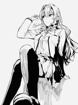 1girl arm_at_side artist_name bow bowtie breast_pocket breasts closed_mouth crossed_legs feet_out_of_frame from_below grey_background greyscale hair_between_eyes hairband hand_up hatching_(texture) highres holding holding_own_hair invisible_chair jacket linear_hatching long_hair long_sleeves looking_ahead looking_to_the_side medium_breasts miniskirt monochrome open_clothes open_jacket pleated_skirt pocket saijou_claudine school_uniform seishou_music_academy_uniform shoes shoujo_kageki_revue_starlight shozoku sidelocks sideways_glance signature simple_background sitting skirt solo thighhighs wavy_hair