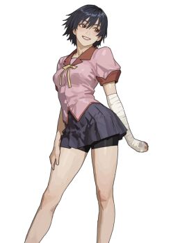 1girl arm_behind_back bandaged_arm bandages bike_shorts bike_shorts_under_skirt black_hair black_shorts blue_skirt breasts brown_eyes commentary feet_out_of_frame grin h4sh1rnoto hair_between_eyes hand_on_own_thigh highres kanbaru_suruga looking_to_the_side medium_breasts miniskirt monogatari_(series) naoetsu_high_school_uniform pink_shirt pleated_skirt puffy_short_sleeves puffy_sleeves red_trim ribbon school_uniform shirt short_hair short_sleeves shorts simple_background skirt smile solo standing white_background yellow_ribbon