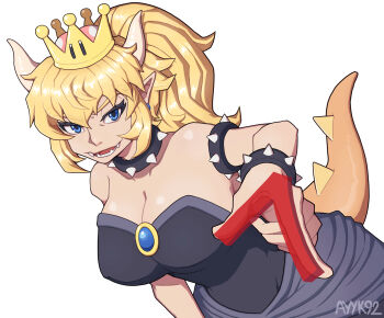 Rule 34 | 1girl, armlet, artist name, ayyk92, black dress, blonde hair, blue eyes, bowsette, bracelet, breasts, choker, cleavage, collar, cowboy shot, crown, dress, dutch angle, earrings, fangs, genderswap, genderswap (mtf), highres, horns, jewelry, large breasts, long hair, looking at viewer, mario (series), monster girl, new super mario bros. u deluxe, nintendo, open mouth, pointy ears, simple background, smile, solo, spiked armlet, spiked bracelet, spiked choker, spiked collar, spikes, super crown, tail, white background