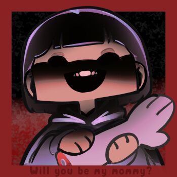 1girl bone chibi commentary creepy english_commentary english_text exposed_bone flesh grey_hoodie highres holding_another&#039;s_arm holding_limb hololive hololive_english hood hoodie horror_(theme) inzoi koseki_bijou open_mouth pungson_mori purple_hair red_background severed_arm severed_limb solo teeth upper_teeth_only virtual_youtuber