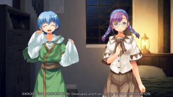 1boy 1girl :d ^_^ asymmetrical_bangs atelier-moo bed blue_hair braid breasts brown_ribbon brown_skirt cheryl_christia chest_of_drawers christpher_cross clenched_hand closed_eyes closed_mouth company_name copyright_notice cowboy_shot game_cg glasses green_robe grey_eyes hair_between_eyes hairband hand_on_own_chest hands_up hooded_robe indoors lamp large_variant_set layered_sleeves long_hair long_sleeves looking_at_viewer loose_clothes low_twin_braids medium_breasts night non-web_source official_art open_mouth oversized_clothes pillow purple_hair ribbon robe sash school_uniform shirt short_hair short_over_long_sleeves short_sleeves side-by-side skirt sleeves_past_fingers sleeves_past_wrists smile standing tareme twin_braids variant_set white_shirt window yuukyuu_gensoukyoku yuukyuu_gensoukyoku_revival