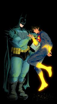 2boys 51wi21 absolute_dc arm_up armor batman batman_(series) black_background black_boots black_cape black_hair blue_bodysuit blue_eyes bodysuit boots briefs bulge cape closed_mouth commentary cowl dc_comics english_commentary floating highres kiss kissing_hand looking_at_another male_focus male_underwear multiple_boys pauldrons shoulder_armor spiked_pauldrons spikes standing superhero_costume superman superman_(series) superman_logo underwear yaoi