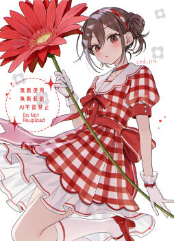 1girl :o artist_name blush brown_eyes brown_hair choker collarbone commentary_request cowboy_shot ctd_114 double-parted_bangs dress flower frilled_dress frills hair_between_eyes hair_bun hairband highres holding holding_flower kneehighs looking_at_viewer mary_janes meiko_(vocaloid) open_mouth plaid_clothes plaid_dress red_choker red_dress red_flower red_hairband red_shoes shoes short_hair short_sleeves sidelocks socks solo vocaloid watermark white_background white_socks