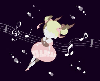 Rule 34 | 1girl, ana (mother), closed eyes, commentary request, cross, cross necklace, dress, eyelashes, full body, jewelry, mother (series), mother 1, musical note, musical staff, necklace, nintendo, pink dress, pink ribbon, puffy short sleeves, puffy sleeves, ribbon, short hair, short sleeves, simple background, solo, tanba (tanba-art)