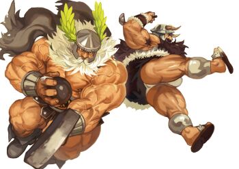 2boys absurdres armpit_hair armpits bara battle beard bulge bulge_peek character_request dragon's_crown dual_wielding dungeon_meshi dwarf dwarf_(dragon's_crown) facial_hair fake_horns fighting_stance full_beard full_body helmet highres holding holding_shield horned_helmet horns large_pectorals loincloth long_beard looking_ahead male_focus mature_male midair multiple_boys muscular muscular_legs muscular_male mustache pectorals profile senshi_(dungeon_meshi) shield side-by-side species_connection spread_legs thick_beard thick_mustache thighs topless_male traver009 veins veiny_arms very_long_beard winged_helmet