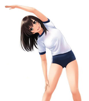1girl :d arm_up black_hair blue_buruma buruma commentary_request exercising gym_shirt gym_uniform hand_on_own_knee looking_at_viewer medium_hair nonaka_ritsu open_mouth original shirt short_sleeves simple_background smile solo standing stretching teeth thighs tongue touka_(nonaka_ritsu) upper_teeth_only white_background white_shirt yellow_eyes