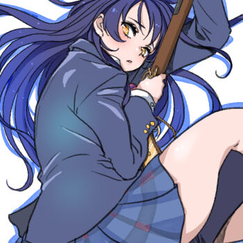 Rule 34 | 1girl, blazer, blue hair, blue jacket, blue skirt, collared shirt, commentary request, gun, holding, holding gun, holding weapon, jacket, long hair, long sleeves, looking at viewer, looking back, love live!, love live! school idol project, miniskirt, otonokizaka school uniform, parted lips, plaid clothes, plaid skirt, pleated skirt, school uniform, shinanoya (satanicad), shirt, skirt, solo, sonoda umi, weapon, white background, white shirt, winter uniform, yellow eyes