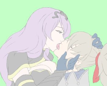 Rule 34 | assertive female, breasts, camilla (fire emblem), chignon, cleavage, closed eyes, fire emblem, fire emblem fates, french kiss, fujisan79, grey hair, hand on another's face, hand on another's head, height difference, kiss, large breasts, long hair, nintendo, older female and younger male, purple hair, simple background, takumi (fire emblem), tongue, wavy hair